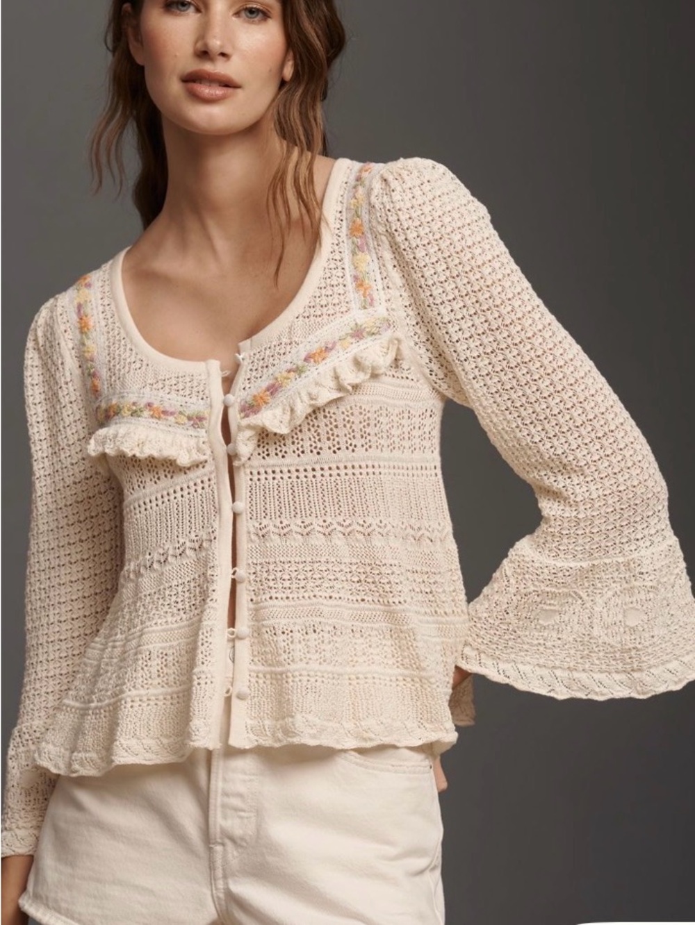 NWT Anthropologie Cream Crochet Knit Button-Front Sweater with Ruffle Trim